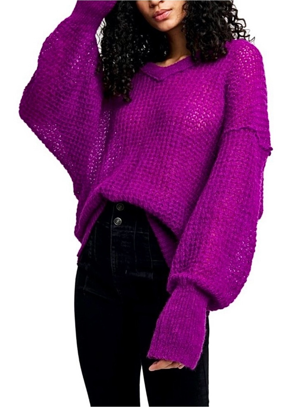 Free People Neon Magenta Oversized V-Neck Alpaca Wool Sweater NWOT Ganni Scandi